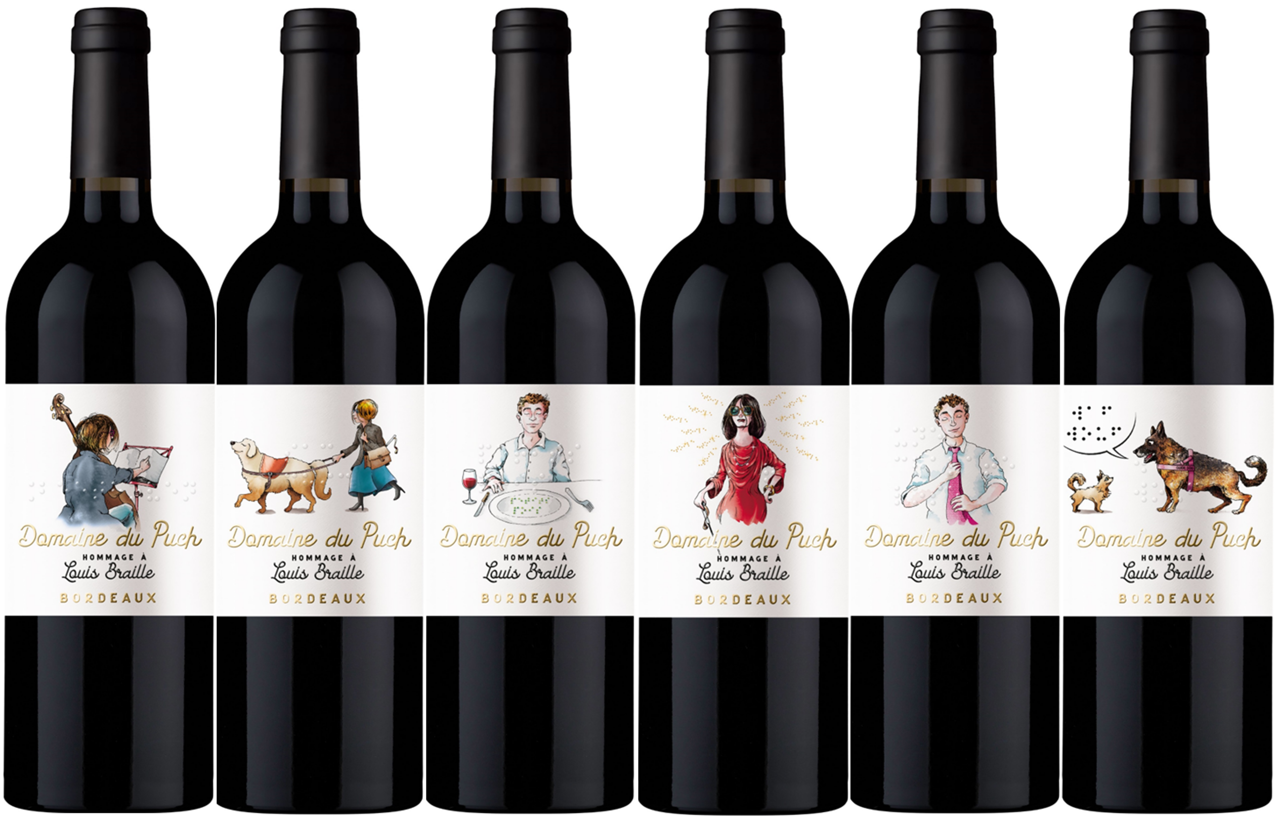 Gamme de notre cuvée Hommage à Louis Braille avec les 6 étiquettes de vins, des petites illustrations du quotidien des malvoyants et un mot caché en braille pour entrainer un échange entre voyants et malvoyants baillistres.